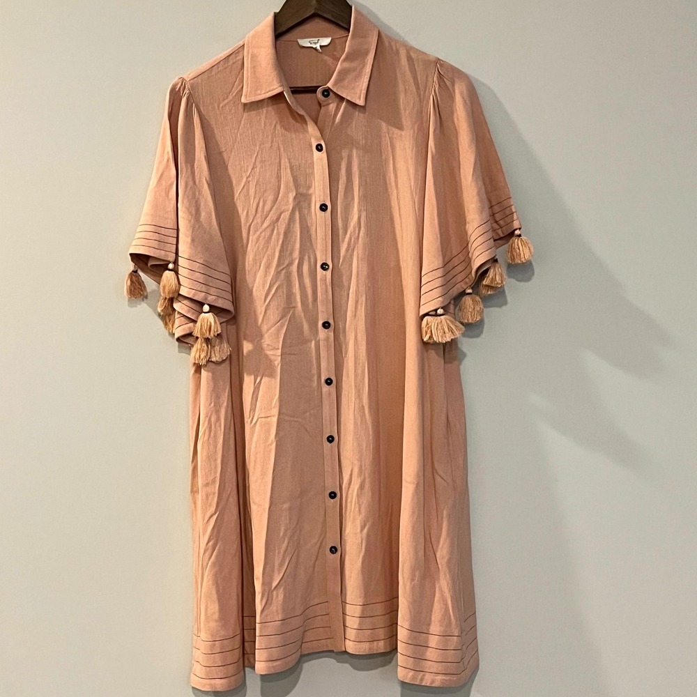 Easel Los Angeles Linen Blend Tassel Flutter Sleeve Shirt Dress Pink Medium